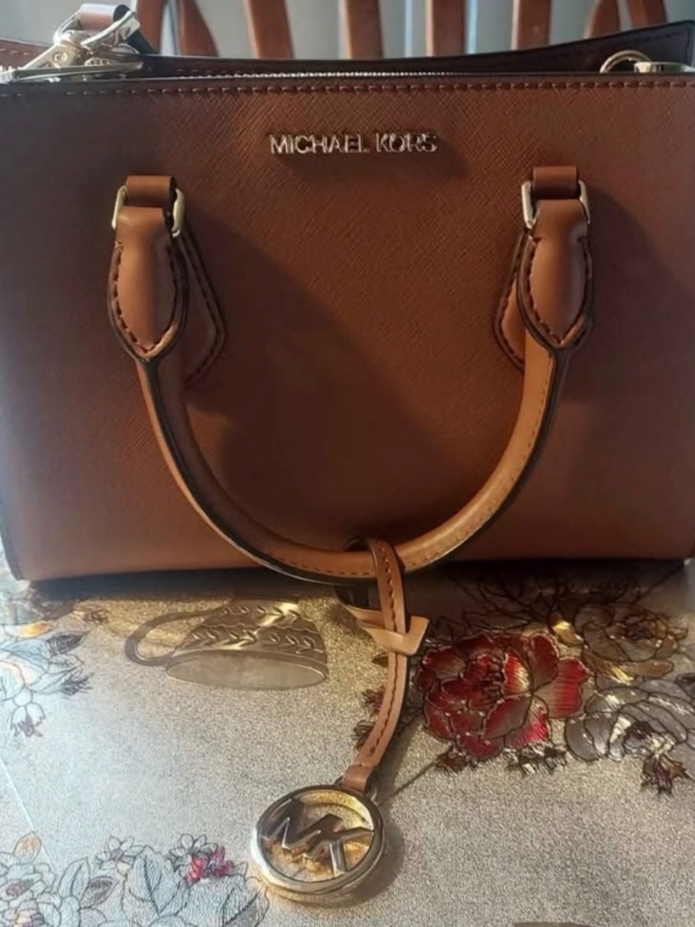 Michael Kors Brown Saffiano Satchel with MK Charm